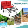 Red cushioned loveseat and coffee table set, made of durable steel, perfect for outdoor patio and garden relaxation.