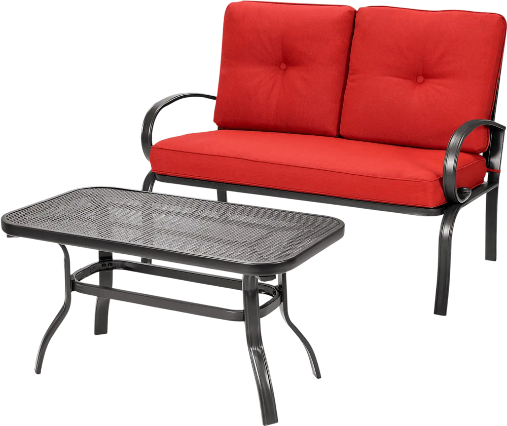 Red cushioned loveseat and coffee table set with durable steel frame, perfect for outdoor patio and garden use.