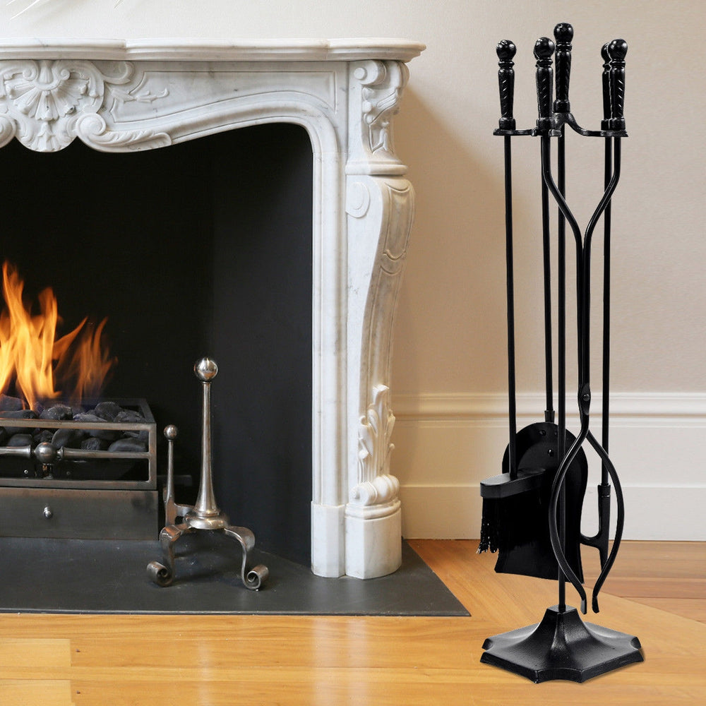 5-piece fireplace tool set with poker, brush, shovel, and log lifter in black, perfect for indoor or outdoor use.