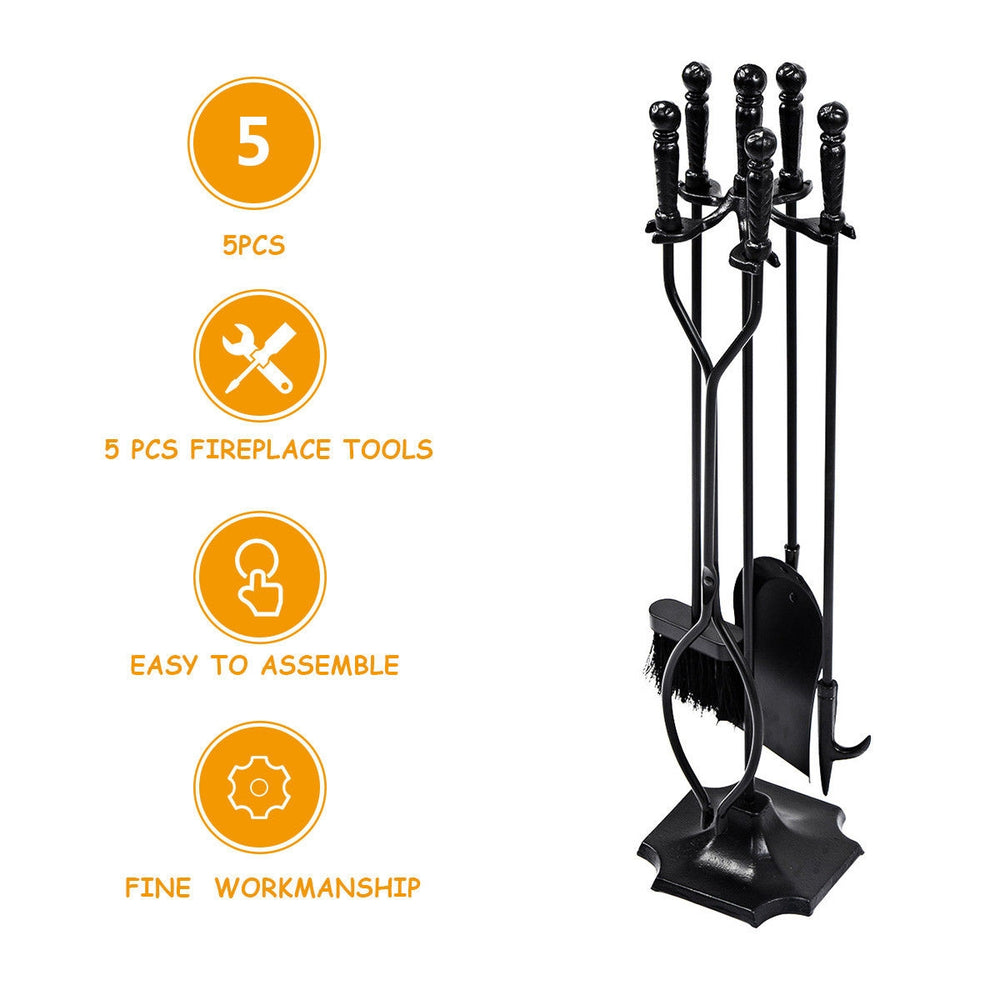 5-piece fireplace tool set with poker, brush, shovel, and log lifter, featuring a durable powder-coated finish.