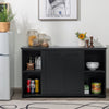 Black kitchen storage cupboard cabinet with sliding doors, featuring spacious top and shelves for organization and.