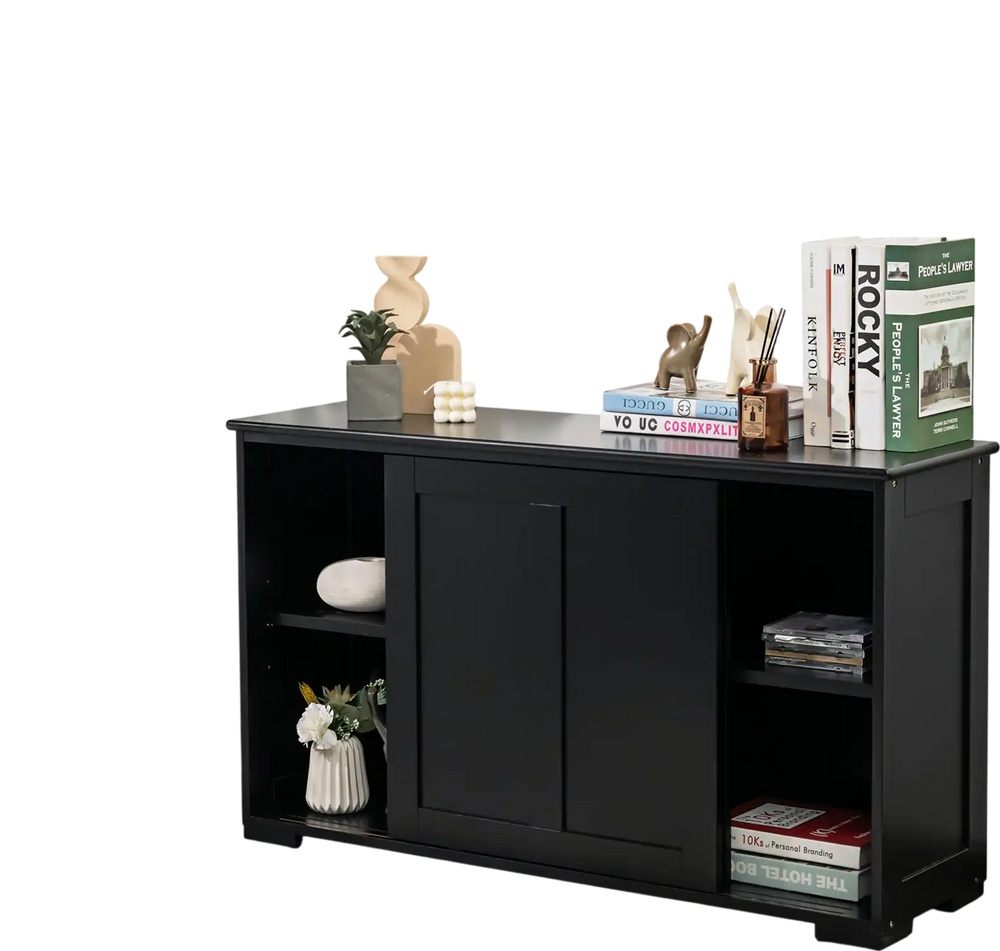 Stylish black kitchen storage cupboard cabinet with sliding doors, showcasing a contemporary design and solid wood.