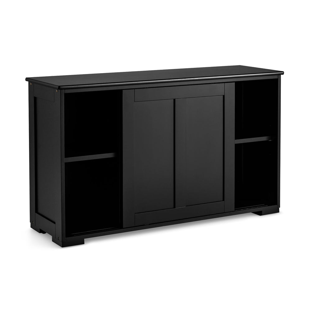 Black kitchen storage cupboard cabinet with sliding doors, featuring spacious top and shelves for efficient.