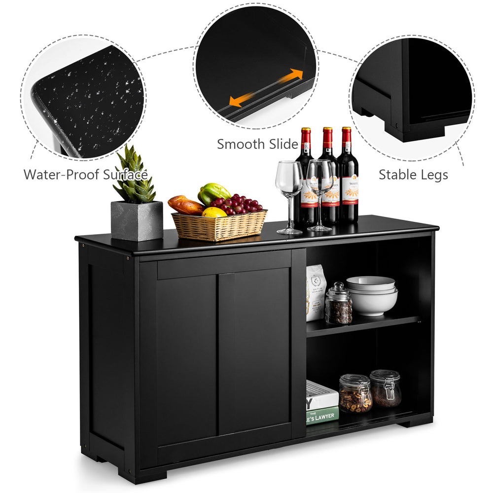 Black kitchen storage cupboard cabinet with sliding doors, featuring a spacious top and solid wood construction for.