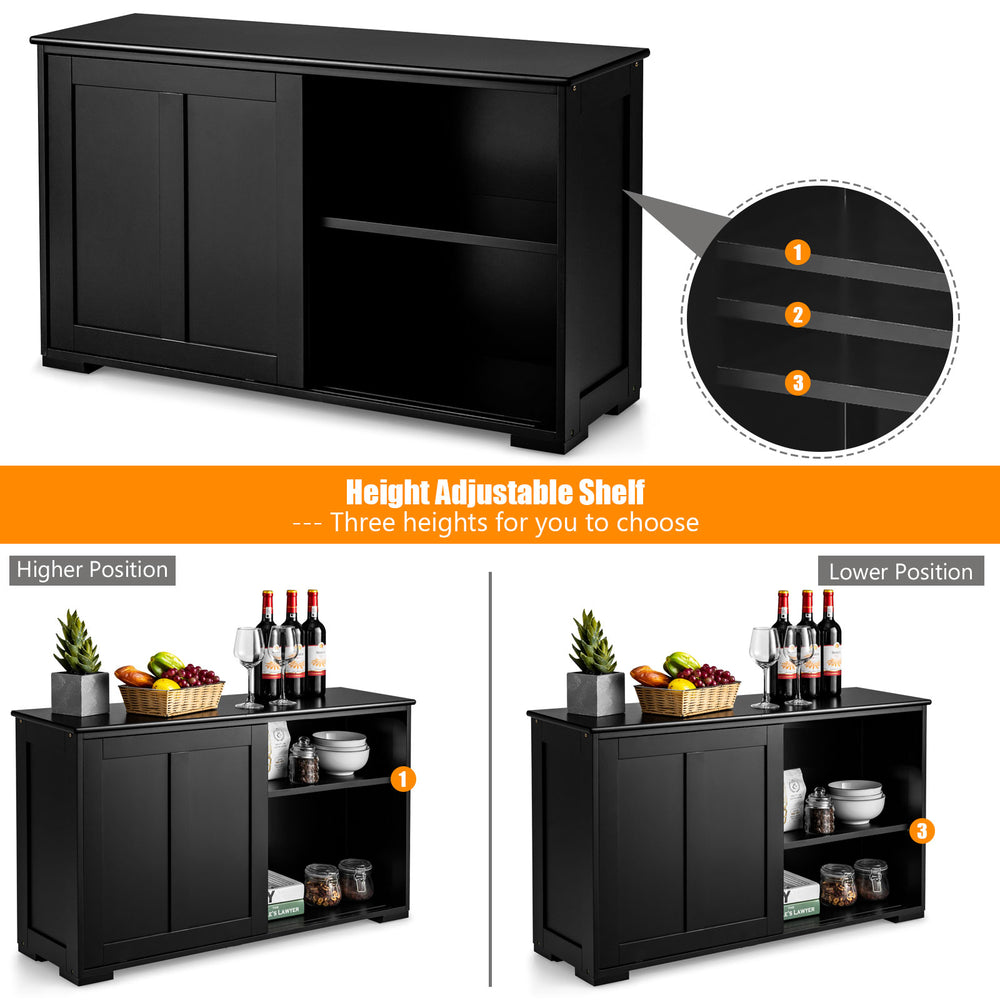 Black kitchen storage cupboard cabinet with sliding doors, featuring adjustable shelves for versatile organization.