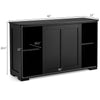 Black kitchen storage cupboard cabinet with sliding doors, featuring two shelves and a spacious top for display and.