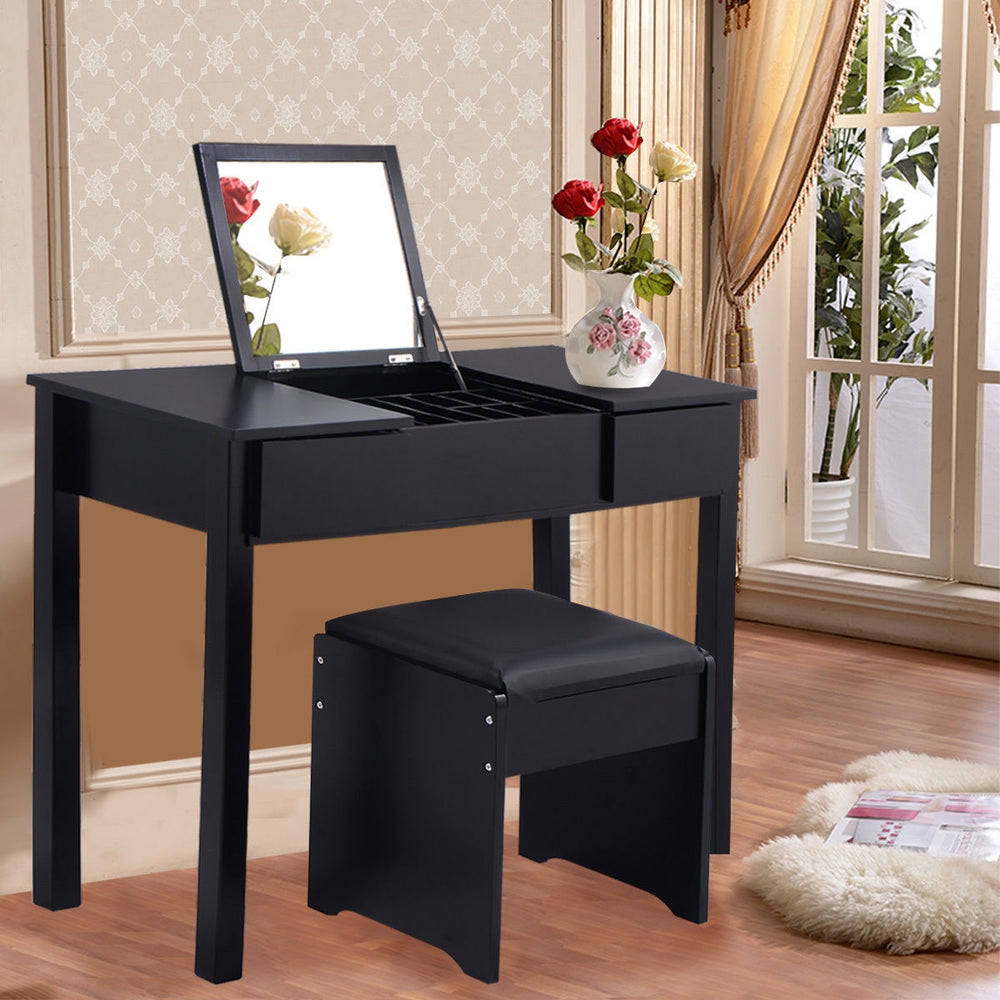 Vanity Makeup Dressing Table Set with Flip Top Mirror and Cushioned Stool-Black - Gallery View 1 of 13