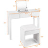Vanity makeup dressing table set in white with flip-top mirror and cushioned stool, featuring ample storage space.
