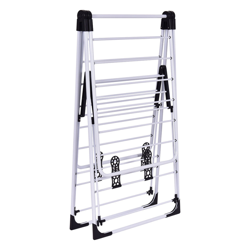 Portable laundry drying rack with adjustable wings, made of rust-proof steel, ideal for space-saving storage.