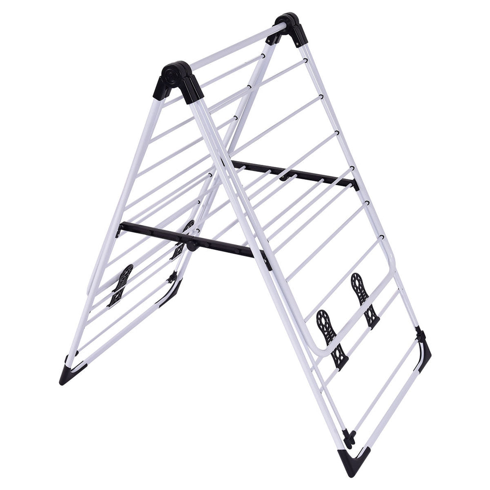 Portable laundry drying rack with adjustable wings, made of rust-proof steel for easy storage and multi-functional use.