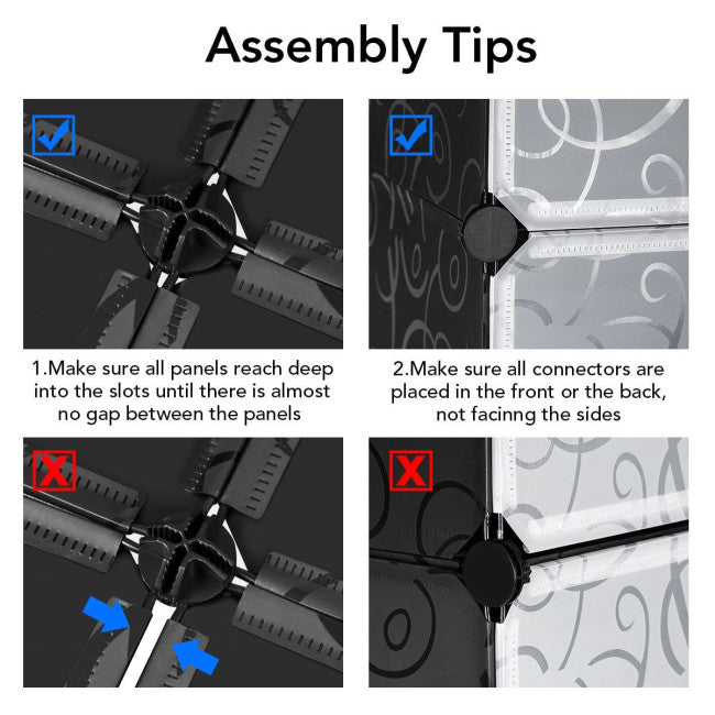 Assembly tips for the 12-cube DIY portable plastic shoe rack with transparent doors, showcasing connector placement and.