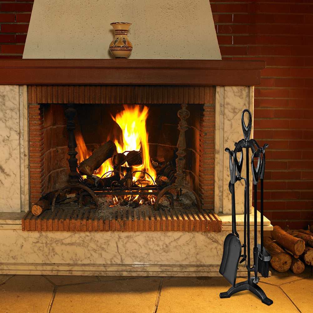 5-piece rustic wrought iron fireplace tools set with modern black design, including a brush, shovel, and fire hook.