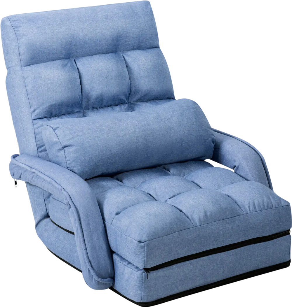 Folding lazy floor chair in blue with armrests and detachable pillow, perfect for living rooms or dorms.