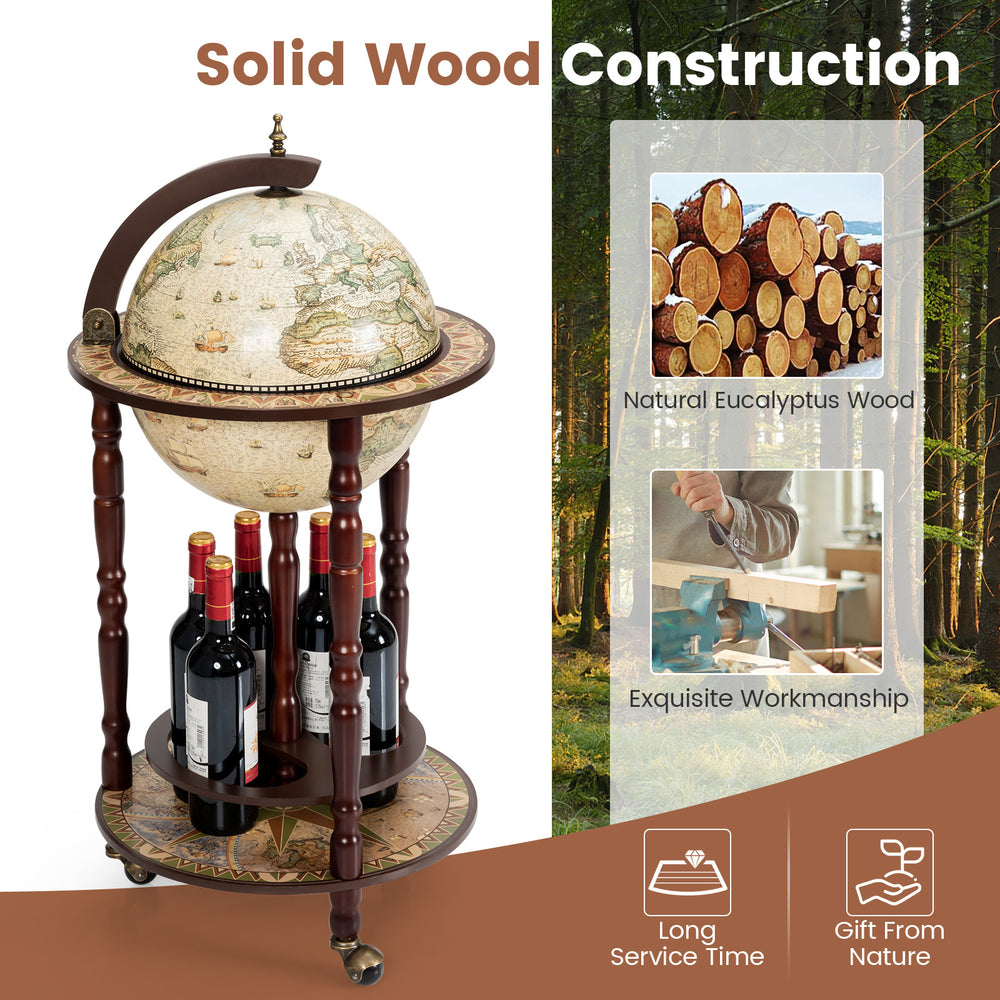 17-inch wooden globe wine rack with wheels, featuring an old world map and storage for wine bottles, adds elegance to.