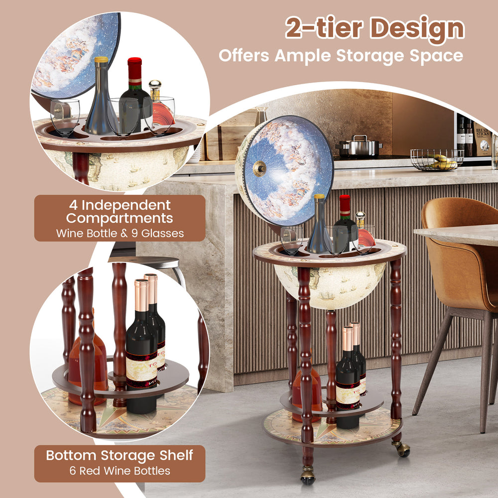 17-inch Italian style wooden globe wine rack with wheels, featuring 4 compartments for bottles and glasses, ideal for.