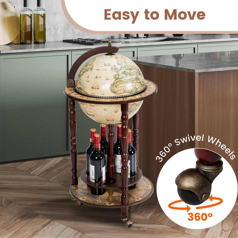 17-inch wooden globe liquor rack with old world map design, featuring 360° swivel wheels for easy movement and wine.