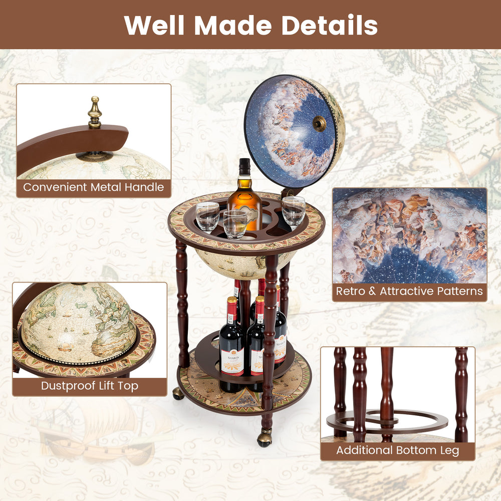 17-inch wooden globe liquor bottle rack with wheels, featuring an old world map design and stylish wine storage.