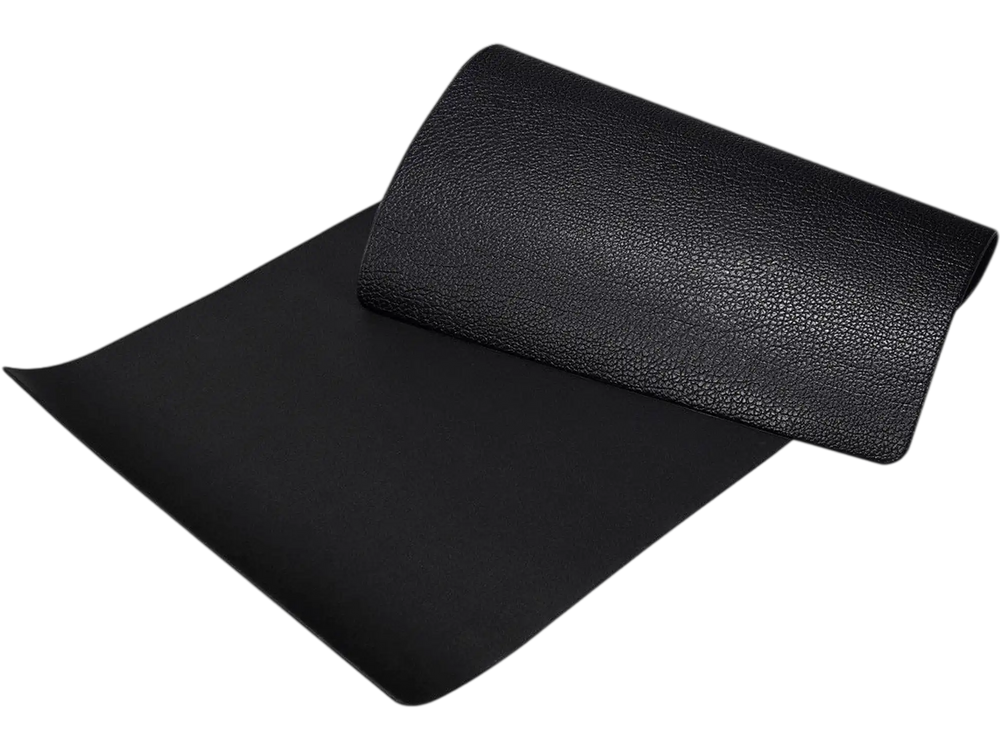 Thick black PVC equipment mat, 47 x 24 x 0.3 inches, ideal for gym use, protects floors and absorbs vibrations.