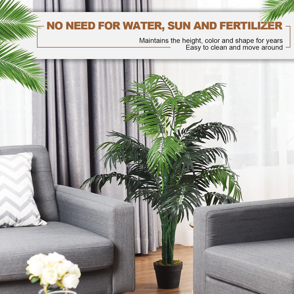 3.5 feet artificial Areca palm tree in a black pot, perfect for home or office decor, requires no maintenance.