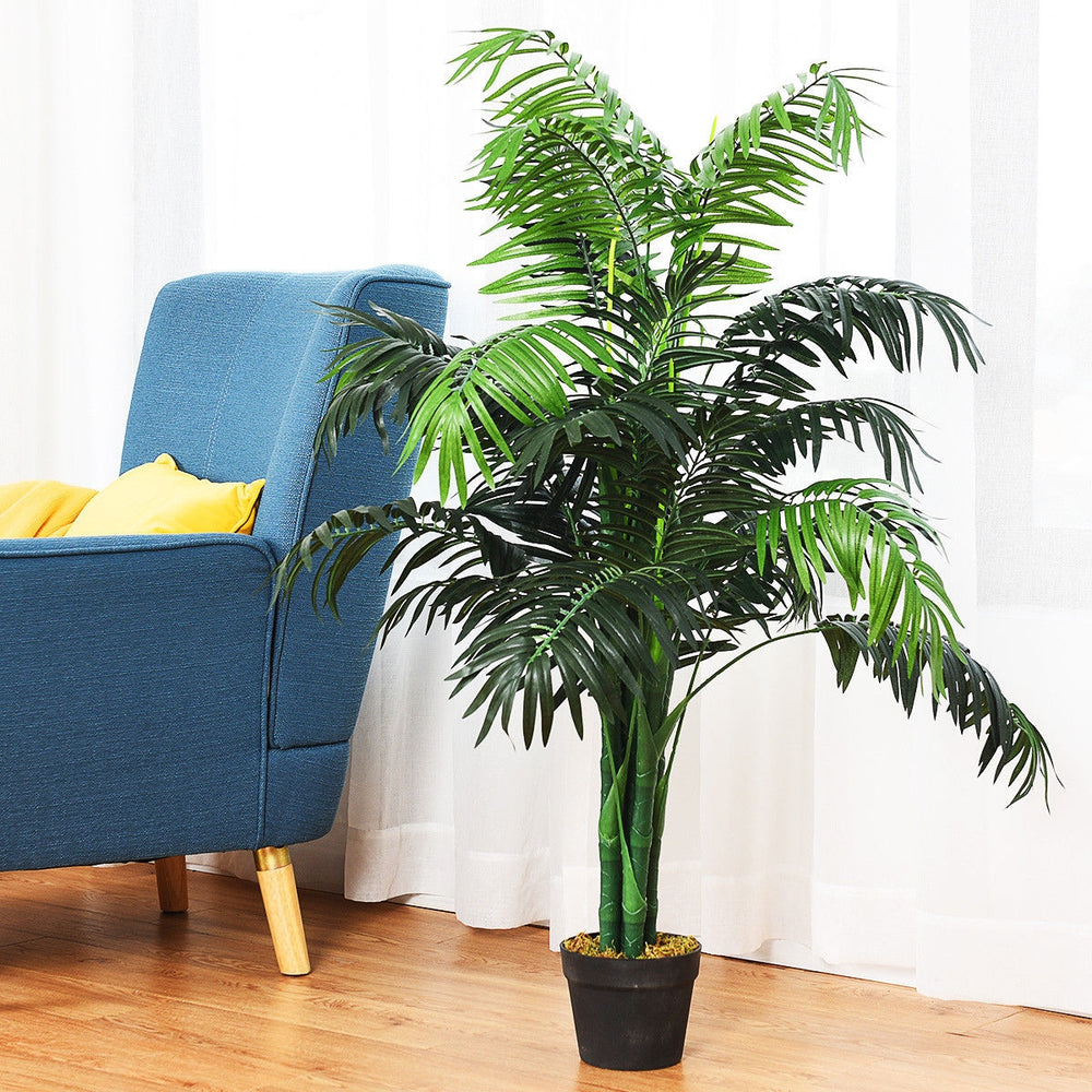 3.5 feet artificial Areca palm tree in a black pot, featuring realistic leaves, perfect for home or office decor.