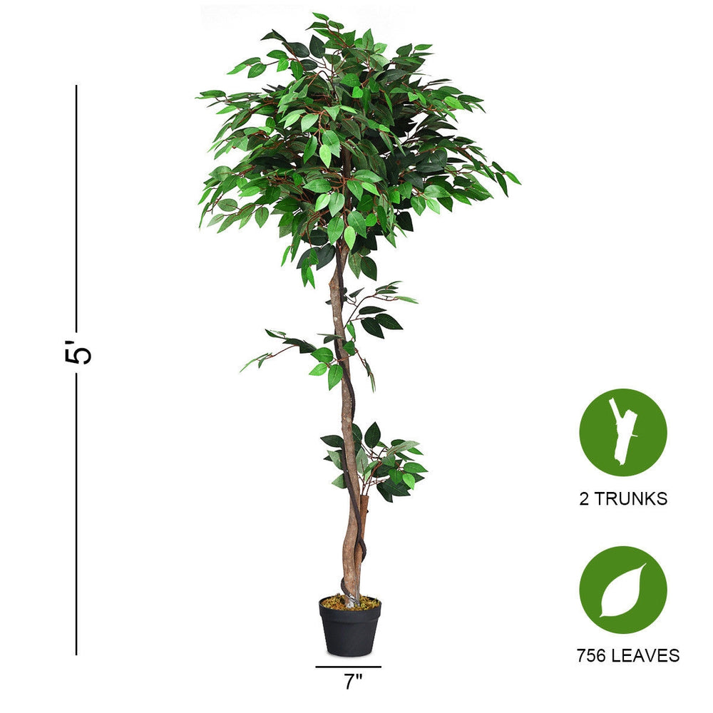5.5-foot artificial ficus tree with two trunks and 756 leaves, perfect for home or office decor without maintenance.