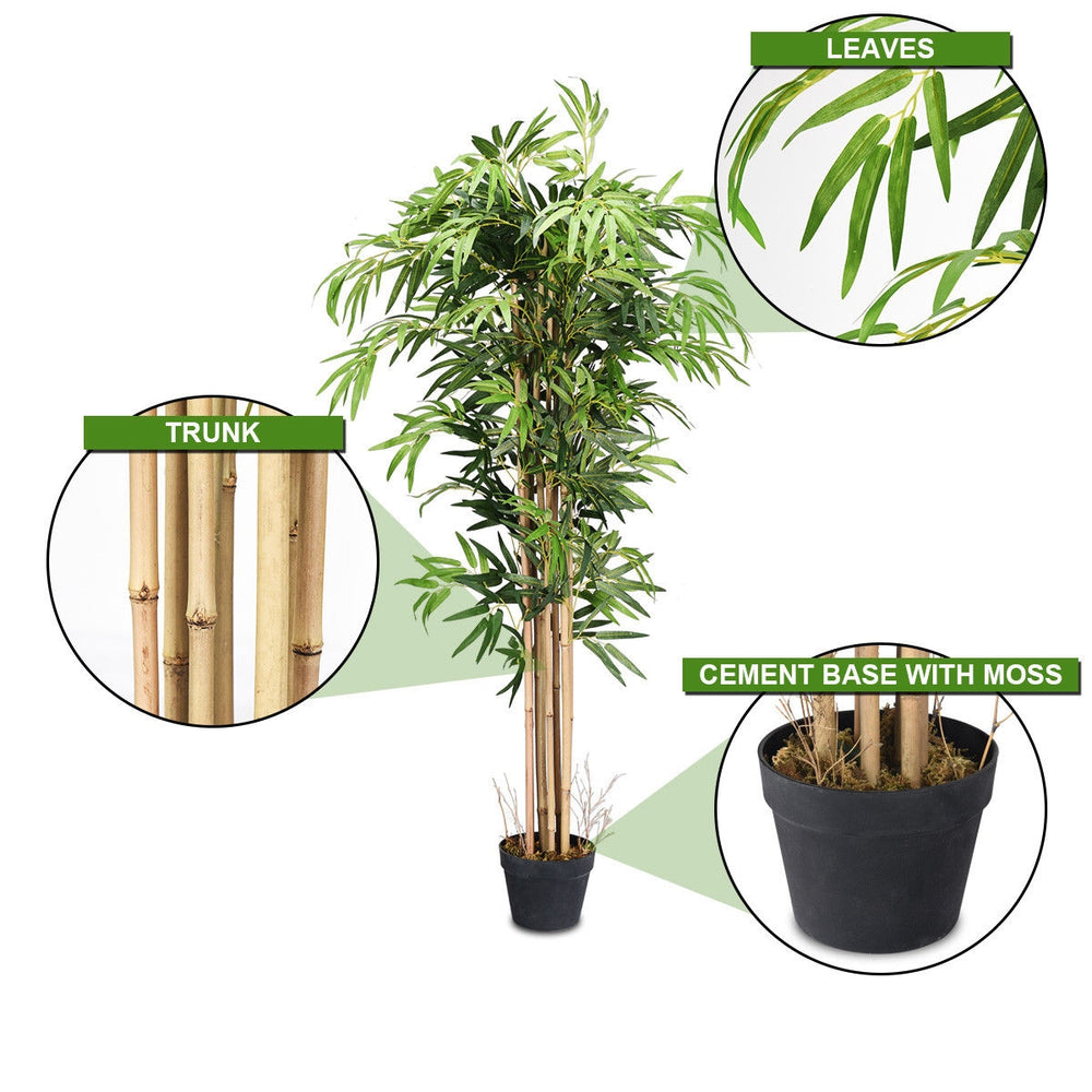 5-foot artificial bamboo silk tree with realistic leaves and cement base, perfect for indoor or outdoor decoration.
