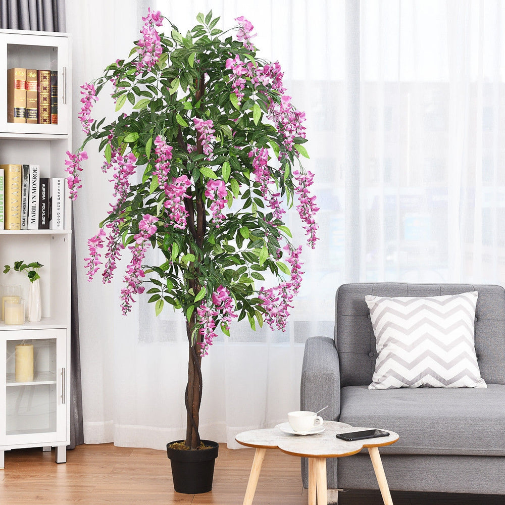 6-feet artificial wisteria tree with pink flowers, perfect for indoor or outdoor decoration in living rooms or offices.