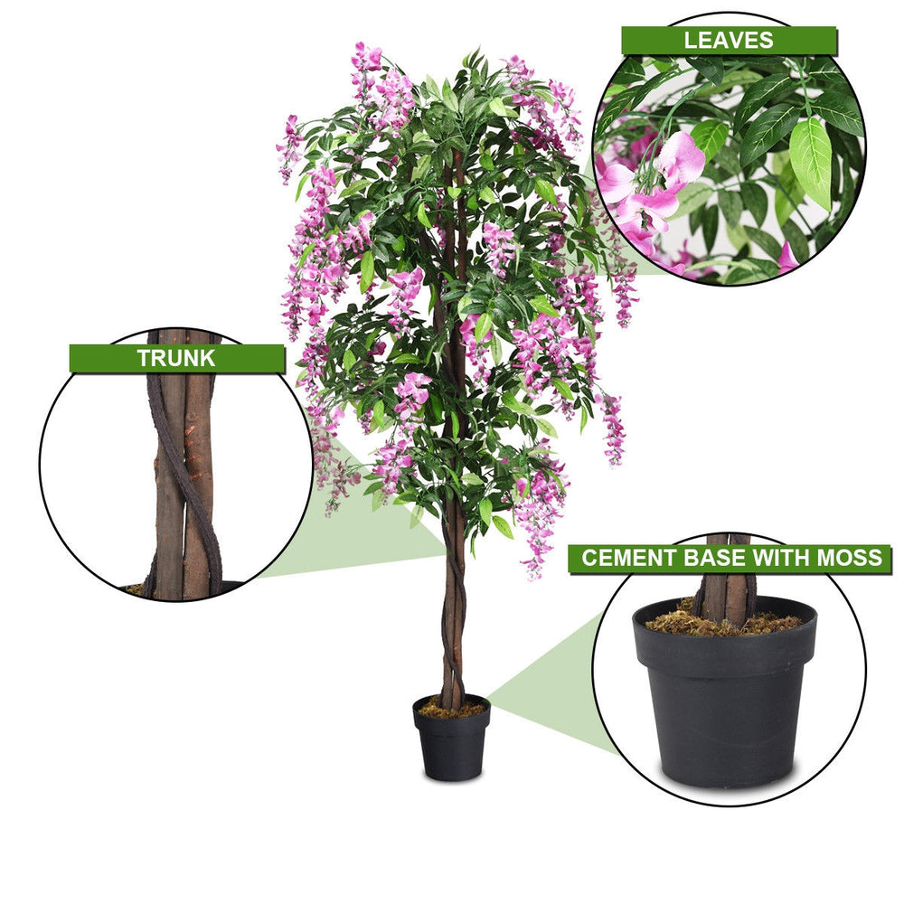 6-feet artificial wisteria tree with pink flowers, cement base, and adjustable branches for indoor-outdoor decor.