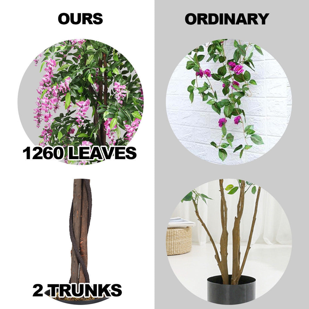 6-feet artificial wisteria tree with 1260 leaves and 2 trunks, ideal for indoor or outdoor decoration.