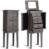Standing jewelry cabinet in gray with 5 drawers, side swing doors, and a flip mirror for elegant storage.