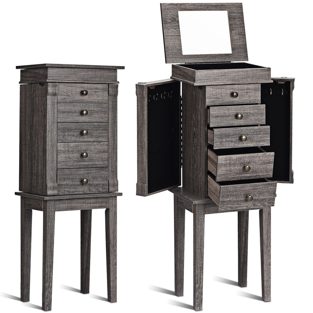 Standing jewelry cabinet in gray with 5 drawers, side swing doors, and a flip mirror for elegant storage.