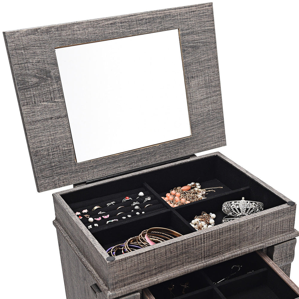 Jewelry cabinet organizer in gray with top mirror, five drawers, and side doors for ample storage and elegant display.