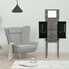 Standing jewelry cabinet organizer in gray with wooden legs, featuring 5 drawers and side swing doors for ample storage.