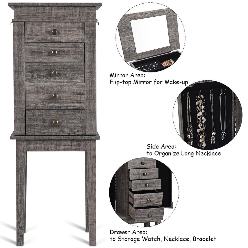 Standing jewelry cabinet in gray with 5 drawers, side doors, and flip mirror for organized jewelry storage.
