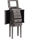 Standing jewelry cabinet in gray with five drawers, side doors, and a flip mirror for organized storage and elegant.