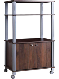 Microwave rack stand with walnut finish, featuring 3 shelves and a 2-door cabinet on caster wheels for easy mobility.