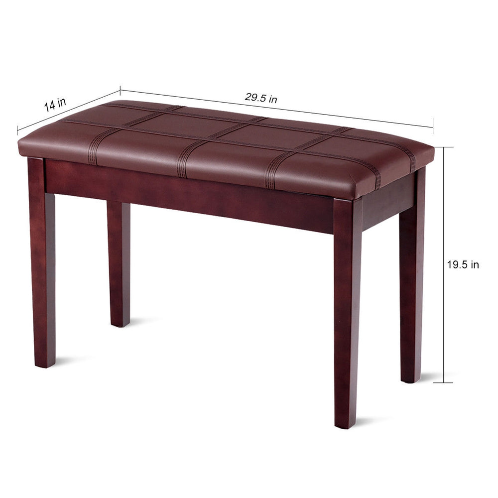 Brown PU leather piano bench with solid wood legs, featuring a storage compartment and anti-slip feet pads for.