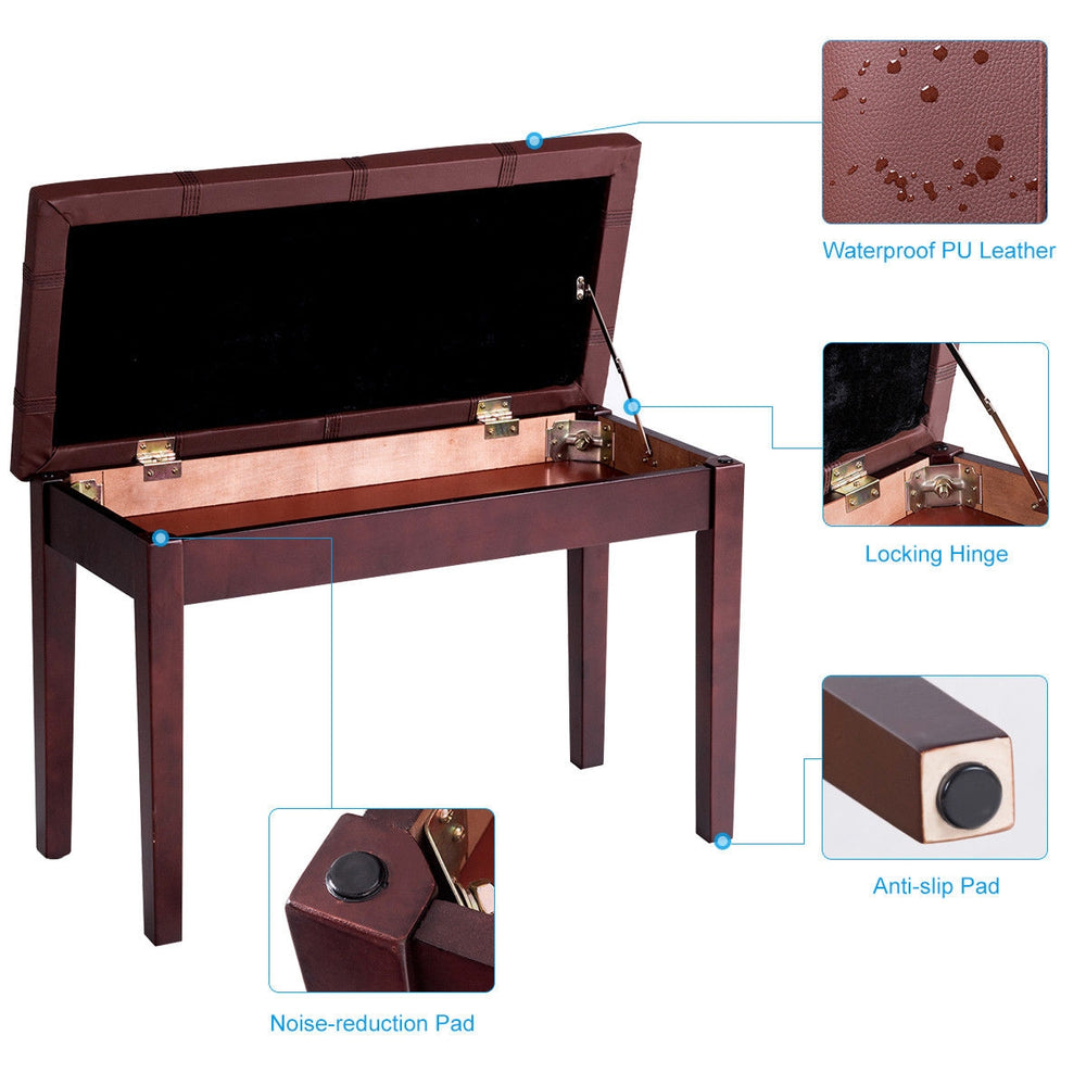 Brown solid wood piano bench with PU leather, storage compartment, and anti-slip pads for comfort and floor protection.