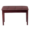 Front view of the brown PU leather piano bench, showcasing its padded seat and solid wood frame for two-person seating.