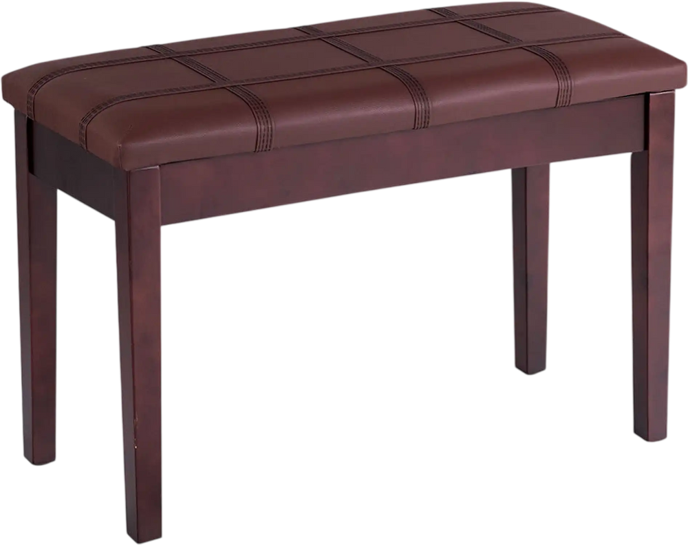 Side view of the brown solid wood piano bench with PU leather seat, highlighting its elegant design and sturdy legs.