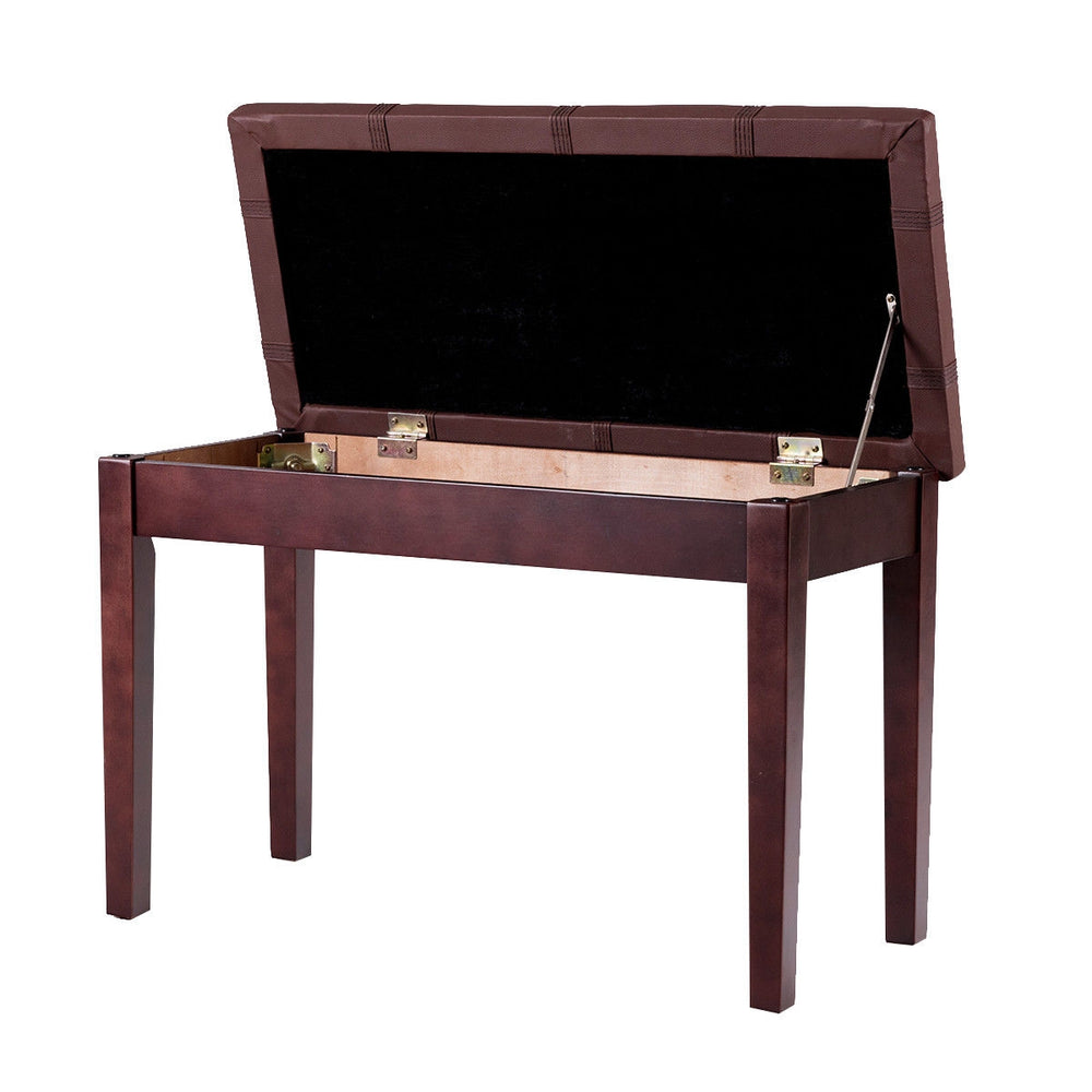 Brown solid wood piano bench with PU leather, spacious storage compartment, and noise-reduction pad for comfortable use.