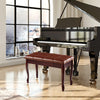 Brown solid wood piano bench with storage, PU leather seat, and anti-slip feet pads, ideal for comfortable piano.