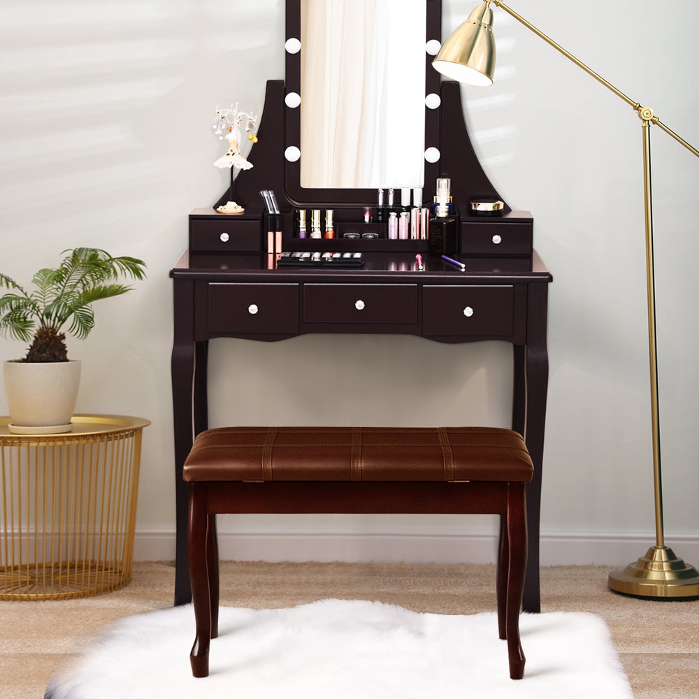 Brown PU leather piano bench with storage, solid wood construction, comfortable seating for two, ideal for music.