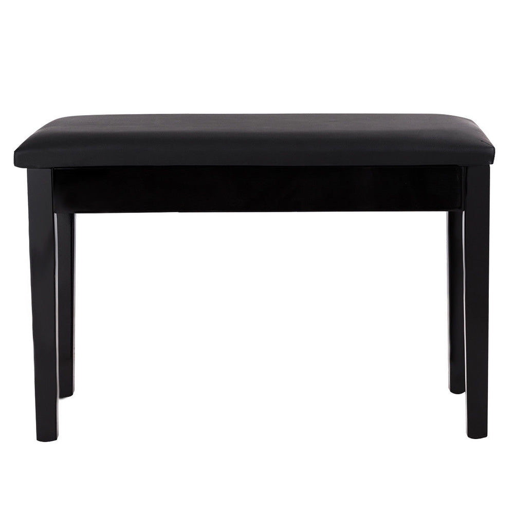 Black solid wood piano bench with PU leather padding and storage compartment, ideal for music settings and easy to.