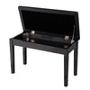 Black solid wood piano bench with PU leather padding and storage compartment for sheet music and books.