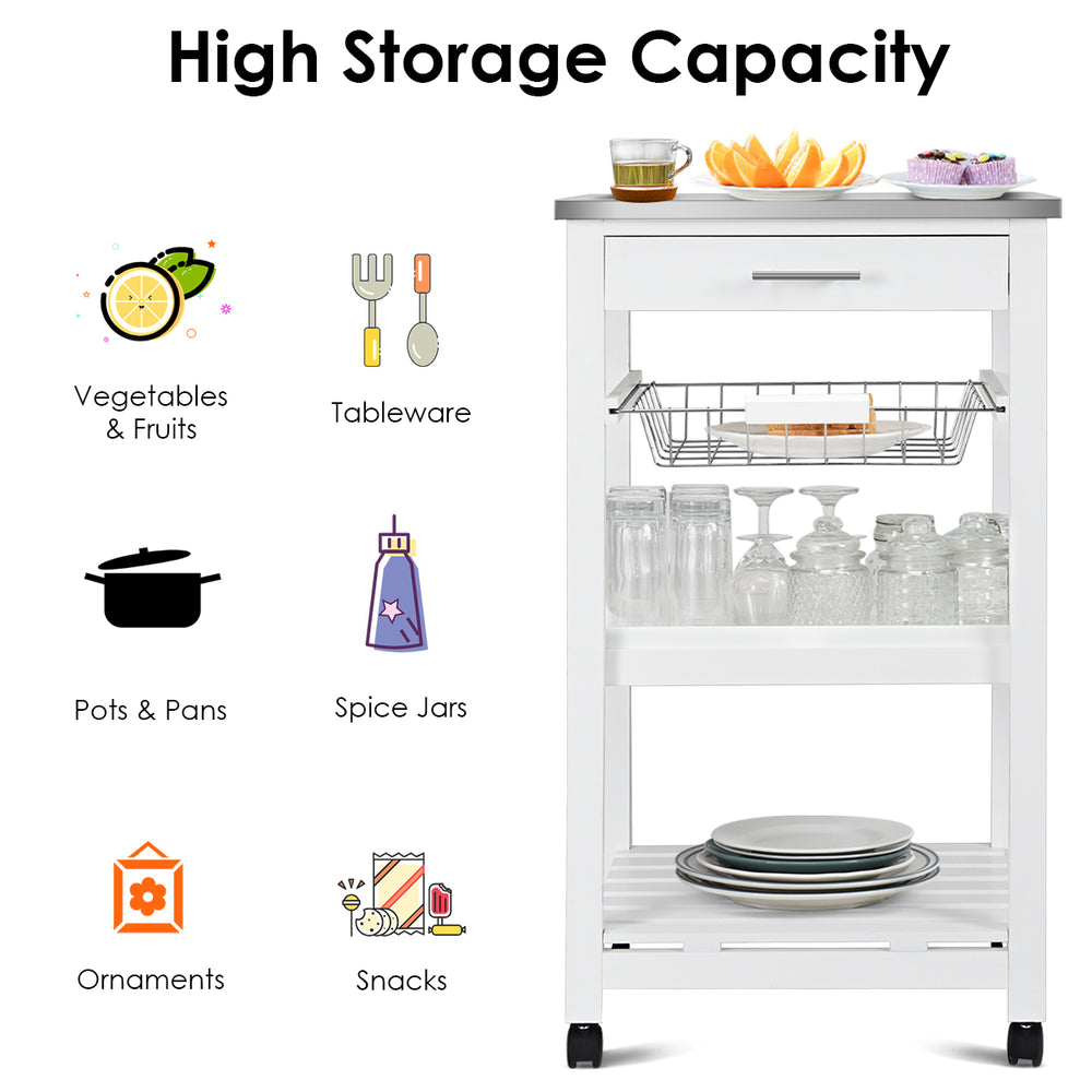 Kitchen island cart with stainless steel tabletop, pull-out drawer, and slide-out basket for versatile kitchen storage.