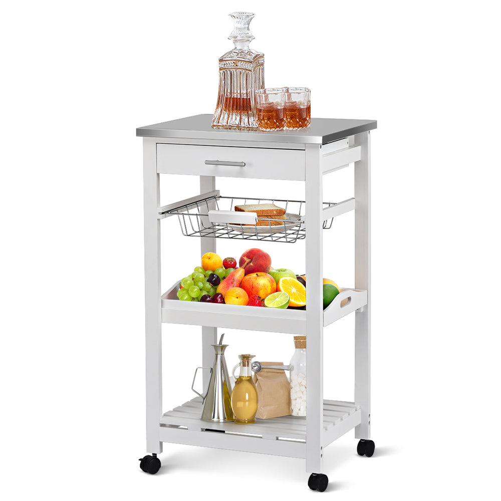Kitchen island cart with stainless steel tabletop, pull-out drawer, and wire basket, ideal for kitchen storage on.