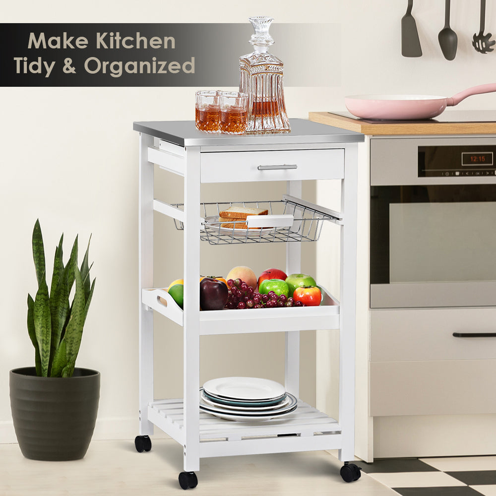 Kitchen island cart with stainless steel tabletop, pull-out drawer, and wire basket for organized kitchen storage.