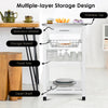 Kitchen island cart with stainless steel top, spacious drawer, wire basket, and open shelf for versatile kitchen.