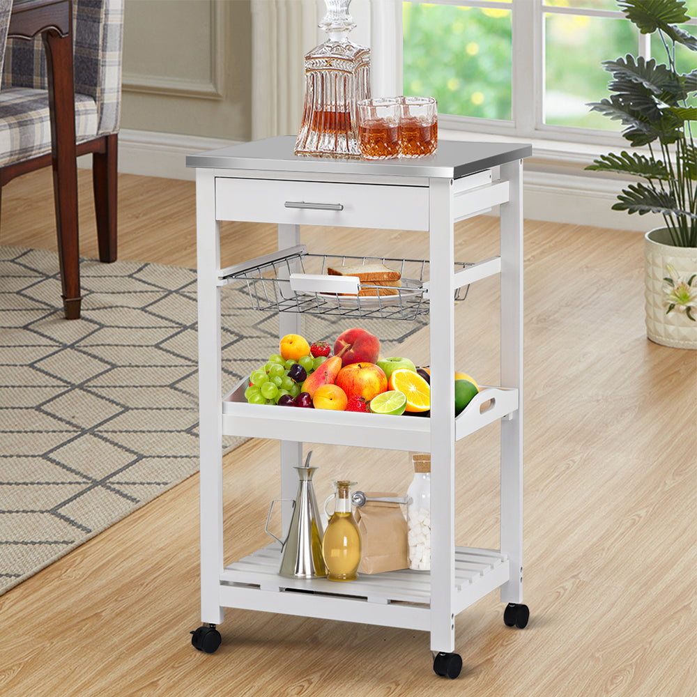 Kitchen island cart with stainless steel tabletop, pull-out drawer, and slide-out basket, ideal for kitchen storage.